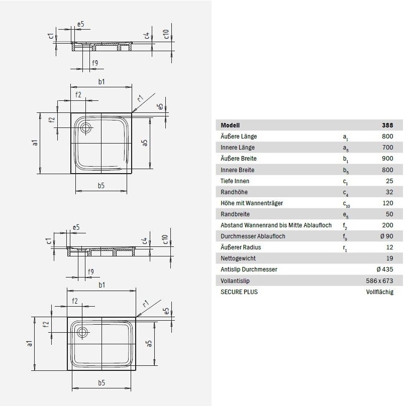 Duschwanne Superplan 80 x 90 cm m. Träger und Ablauf #388-2 - 2