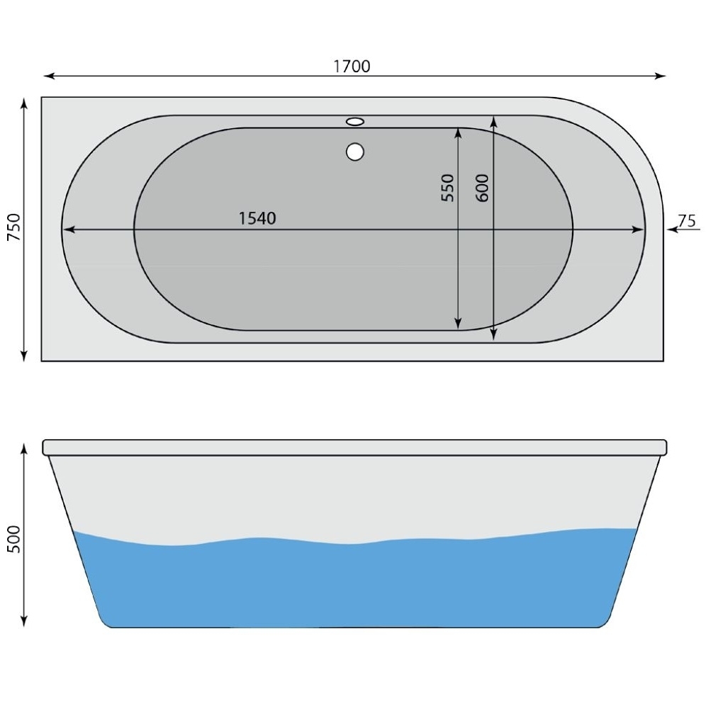 Raumspar-Badewanne Obersee R 170x75 cm - 2