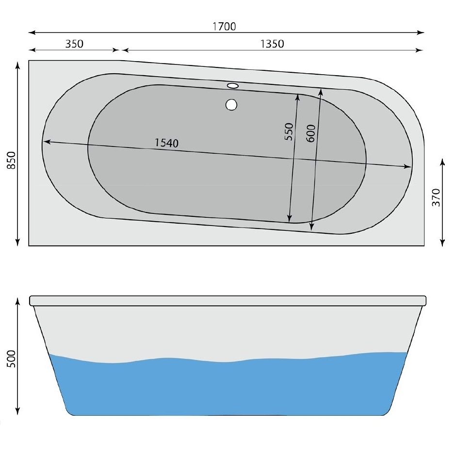 Raumspar-Badewanne Eissee R, rechts 170 x 85 cm - 2