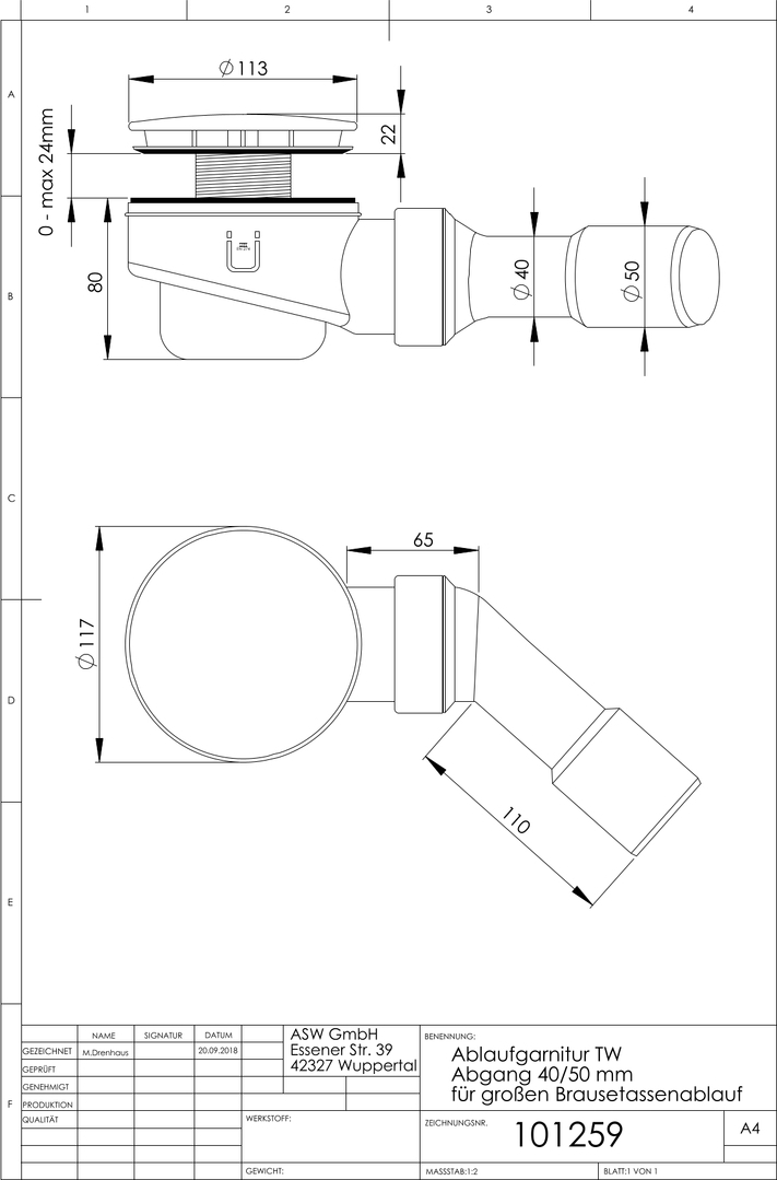Duschwannenablauf 90 mm chrom