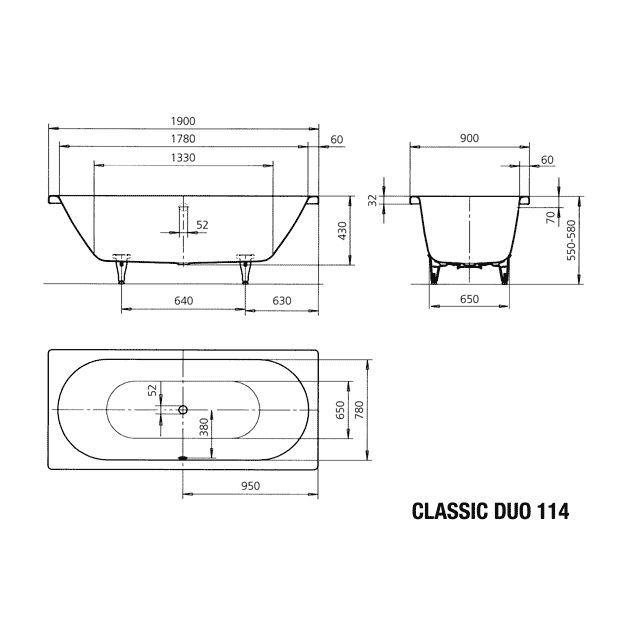 Badewanne Classic Duo 190x90 cm, weiß Perleffekt #114 + Träger + Ablauf - 2
