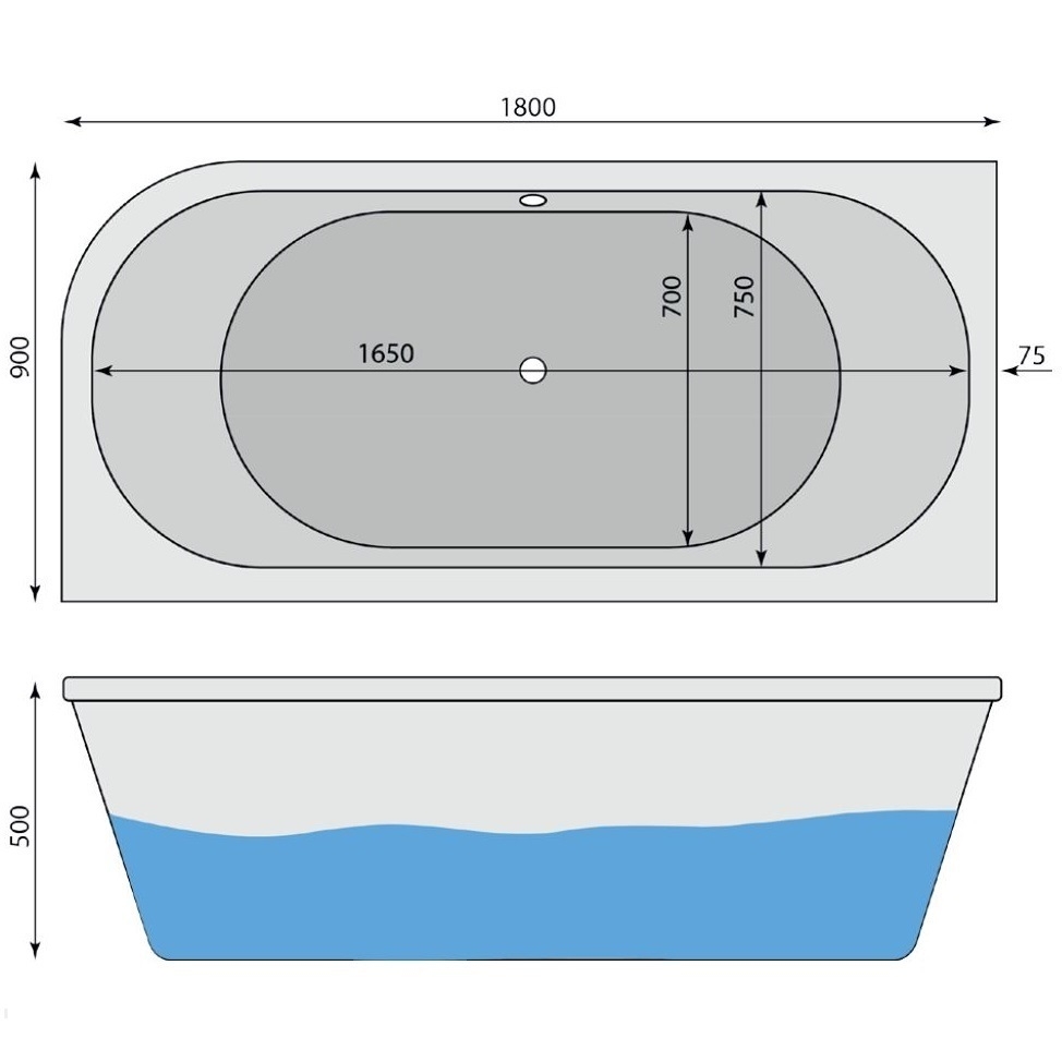 Raumspar-Badewanne Alina L 180 x 90 cm inkl. Überlaufgarnitur m. Zulauffunktion & Fußgestell - 2