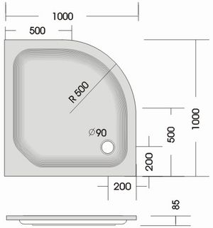 Viertelkreis Duschwanne 100x100x6,5 cm weiß #KSB 27, Ablauf - 2