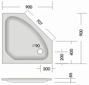 5-Eckduschwanne KSB 31, 90x90 Ablauf Füße