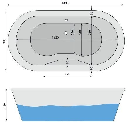 Oval-Badewanne Java, 180 x 90 cm, weiß - 2