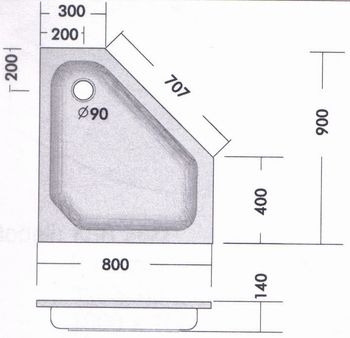 Fünfeck-Duschwanne KSB 33 90x80x12, weiß, asymmetrisch, Füße - 2