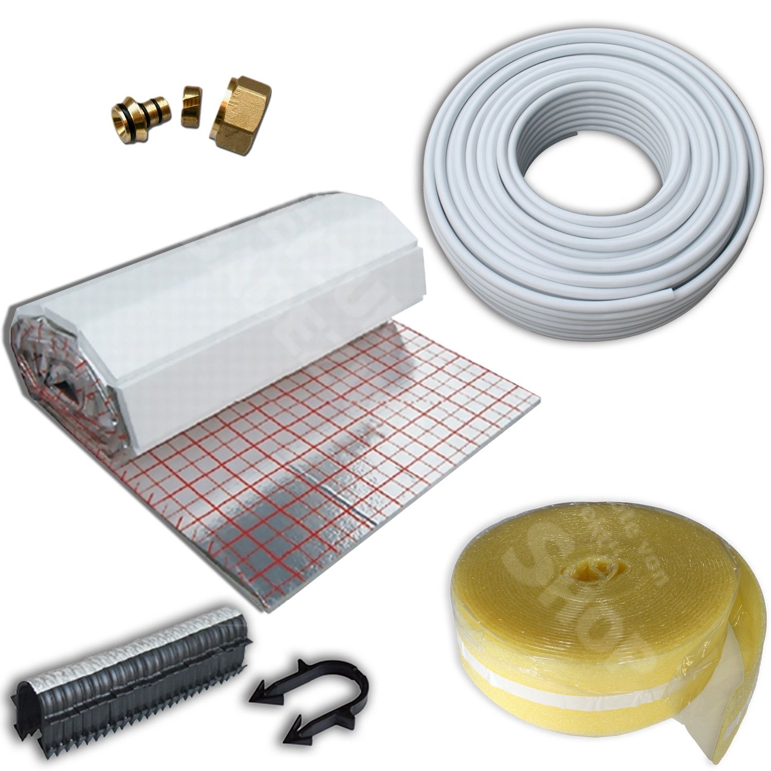 Fußbodenheizung Set m. Rolljet Dämmung, Aluverbundrohr PEX , Randband, Tackernadeln Fußbodenheizung Set m. Rolljet Dämmung, Aluverbundrohr PEX , Randband, Tackernadeln