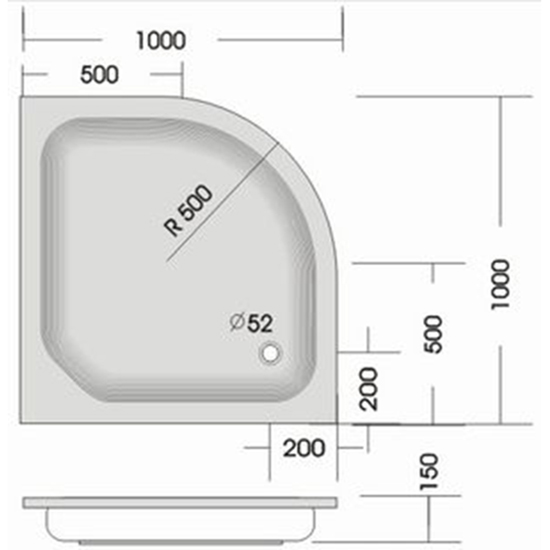 Viertelkreis Duschwanne KSB 26 100x100 R 500, Träger, Ablauf - 2